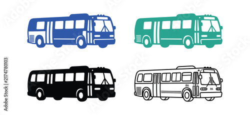 Set of city bus icons in blue green black and outline styles for public transportation design