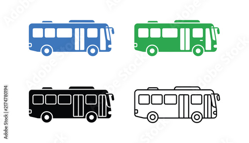 Set of four different city bus icons in flat color and line art style