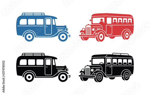 Set of vintage bus icons in blue red and black color styles