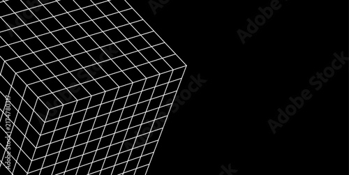 Abstract 3D Wireframe Cube Perspective with Geometric Grid on Black Background
