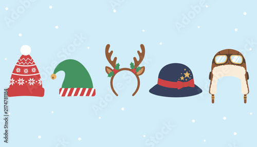 Five charming winter and Christmas hats, including a red beanie, green elf hat, and reindeer antlers headband.