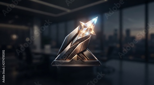 Modern corporate award trophy with glowing crystal star, metallic business achievement prize, luxury recognition symbol in office