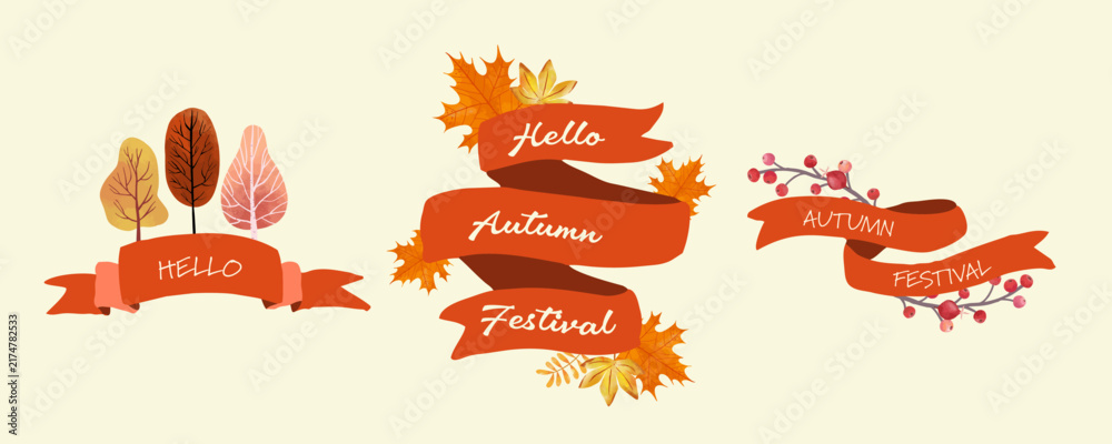 Obraz premium Autumn Ribbon Label Set with Leaves and Seasonal Decorations