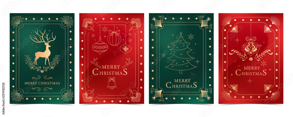 Naklejka premium Christmas Gold Card Set with Deer, Tree, and Ornament