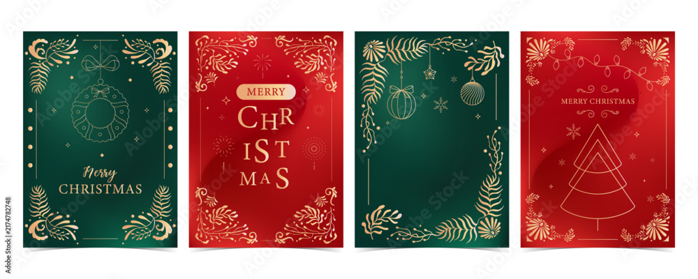 Obraz premium Elegant Christmas Gold Cards with Baubles and Pine Branches