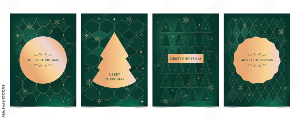 Obraz premium Green Christmas Gold Pattern Cards with Tree and Labels