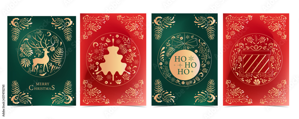 Obraz premium Christmas Gold Ornament Cards with Deer and Gift Motifs