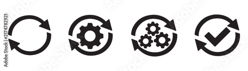 Foto Sync process reload icon set with circular arrows and gear wheel, representing recurrence and automation