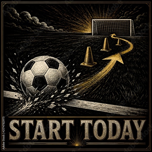 sports football motivation start today black gold engraving training poster