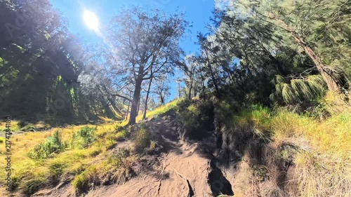 POV Hiking Up a Steep Mountain Dirt Path on a Sunny Day