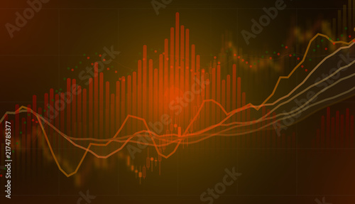 Konstfotografi Abstract financial stock market chart with red and orange hues, featuring candlestick patterns and moving averages, indicating market volatility, trading analysis, and economic fluctuations