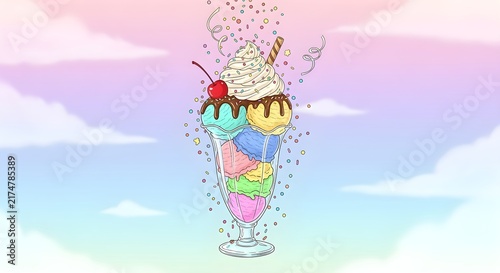 A creatively reimagined version of fun surreal concept: floating ice cream sundae with sprinkles falling like confetti, dreamy pastel sky background, whimsical creative illustration, emphasizing style