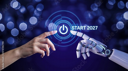 Human and artificial intelligence hands connecting with start 2027 digital transformation and innovation