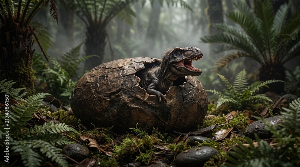 Naklejka premium Close-up of a baby dinosaur poking its head and claws out of a cracked stone egg highlighting prehistoric fantasy creatures and ancient egg hatching.