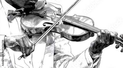 This monochrome sketch captures a close-up of a violinist's hands, one holding the bow and the other pressing the strings, with partial details of the violin and performer's clothing visible.


