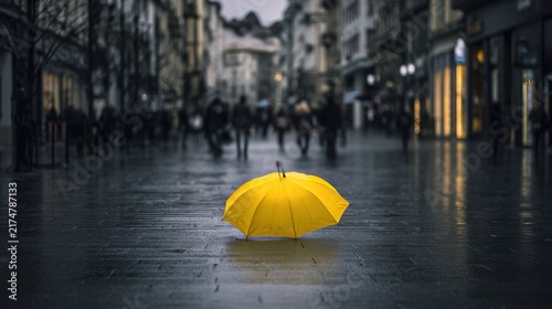 Cinematic street photograph of a single lemon yellow umbrella standing out against a rainy monochromatic gray city, wet pavement reflecting soft