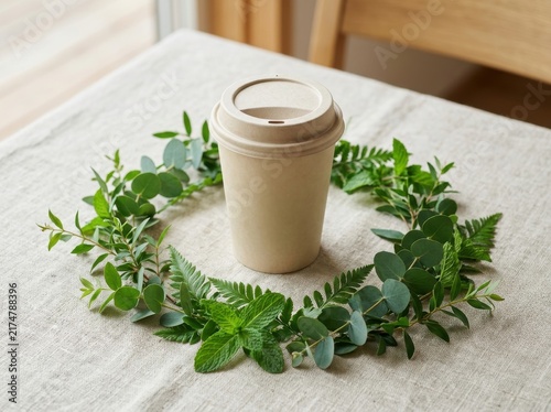 Eco friendly paper coffee cup surrounded by a fresh green eucalyptus and fern leaf wreath