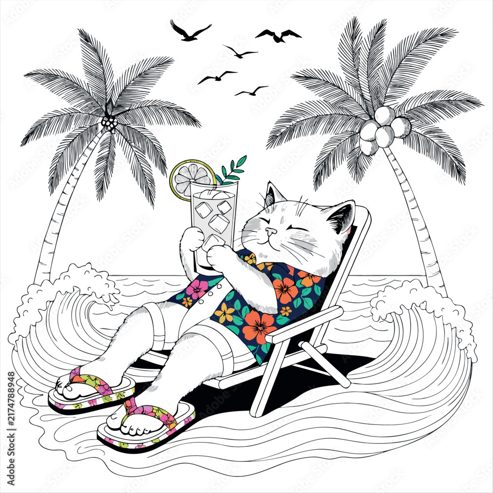 Obraz premium Relaxing Cat on Beach Chair with Tropical Palm Trees and Ocean Waves – Summer Vacation Vector Illustration