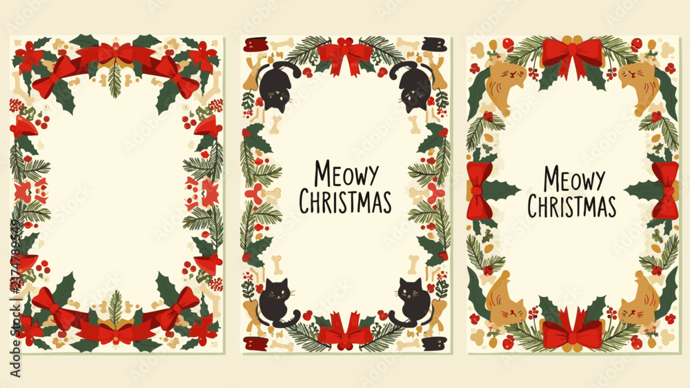 Fototapeta premium Festive Floral Christmas Frame Design with Cats and Holiday Greetings for Cards, Invitations and Seasonal Decor