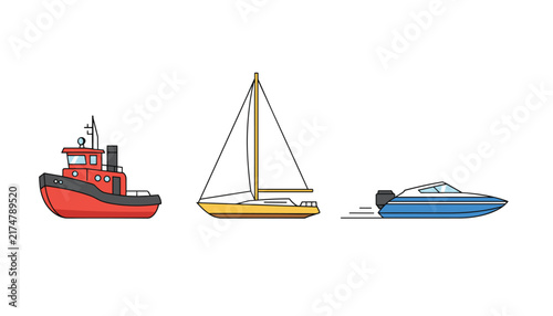 Side view illustrations of three different types of boats including a red tugboat, a yellow sailboat, and a blue speedboat.