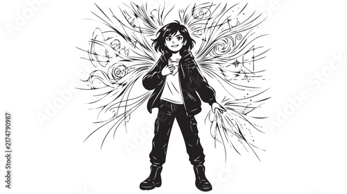 Bild auf Leinwand Hand drawn anime character illustration with large hair flow in manga style blac