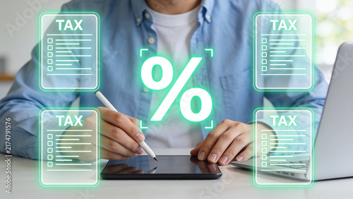 Tax Rate Calculation and Digital Filing, Percentage Symbol with Tax Documents and Preparation Concept