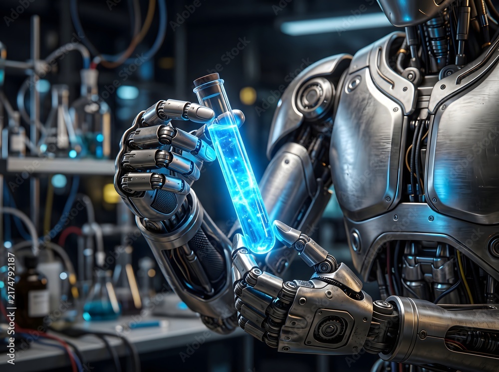 Fototapeta premium AI Android Scientist Conducting Chemical Research in Laboratory