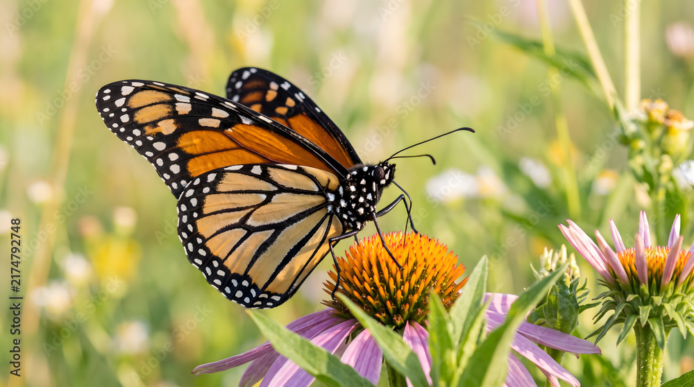 Obraz premium Monarch Butterfly Resting on a Wildflower in a Green Meadow