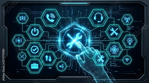Futuristic digital technical support interface, holographic HUD screen with IT service icons, glowing blue virtual dashboard for system maintenance