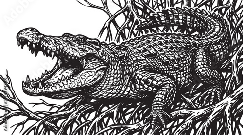 Vintage engraved illustration of an aggressive alligator attacking. Black and white hand-drawn reptile with open jaws and sharp teeth. Detailed wildlife sketch in etching art style for book