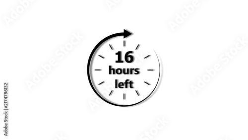 Clock 16 hour's icon black color 4k illustration. 16 hour countdown timer white background 4k illustration.