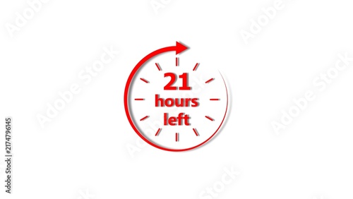Clock 21 hour's icon red color 4k illustration. 21 hour countdown timer white background 4k illustration.