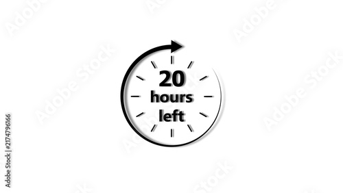 Clock 20 hour's icon black color 4k illustration. 20 hour countdown timer white background 4k illustration.