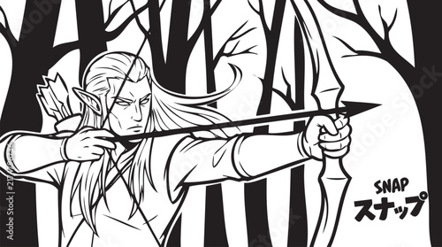 Bild auf Leinwand Fantasy Elf Archer Aiming Bow In Forest Manga Art, Black And White Action Illust
