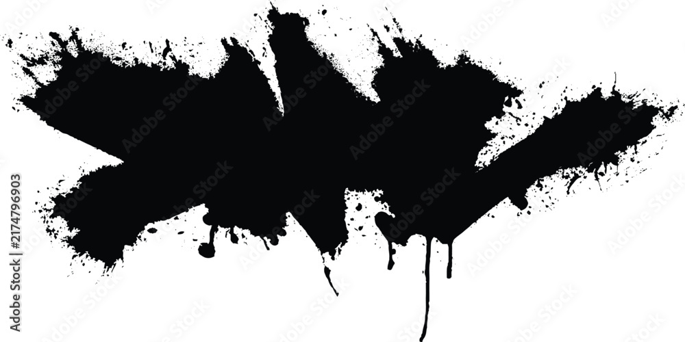 Obraz premium Black ink splatter shape with rough edges and drip marks on a white background