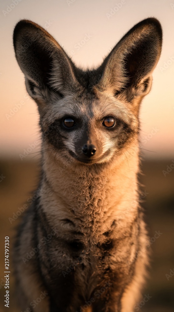 Obraz premium Bat eared fox portrait with large ears and alert eyes. Warm light shines on its fur. Wild mammal gazes intently outdoors. This close-up shows African creature in its natural habitat.