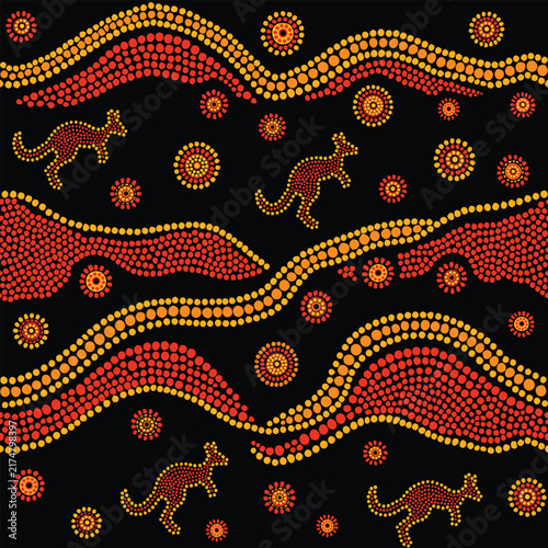 Australian aboriginal indigenous abstract seamless vector pattern with red, orange and yellow dotted circles, curved lines and kangarooы on black background
