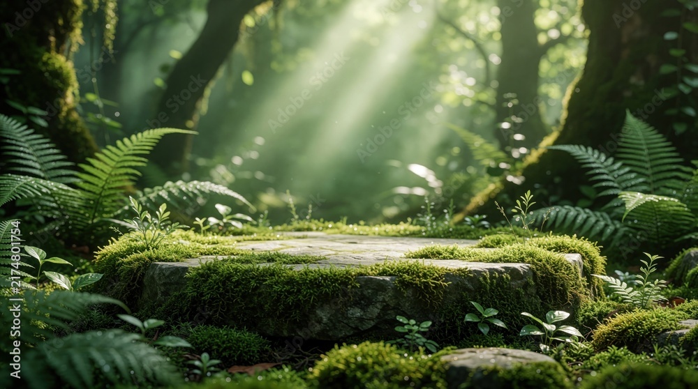 Obraz premium Stone podium covered with moss sits in a lush green forest. Sunbeams stream through leaves illuminating a natural display for product promotion or advertisement.