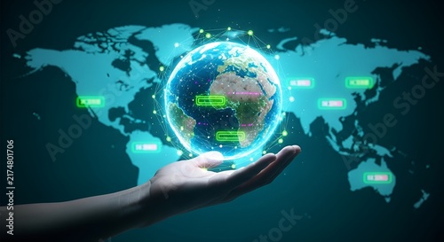 Hand holding glowing digital earth globe with data network connections and world map background
