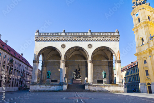 View from the Odeonsplatz square to the Theatine Church in downtown Munich, Germany.
