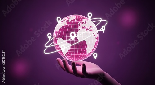 Hand Holding Digital Globe with Technology Icons and Network