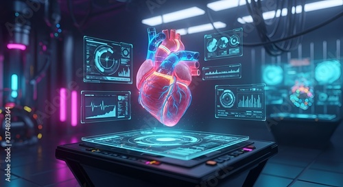Futuristic Digital Heart Model with Data Visualizations