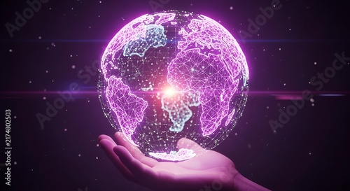 Futuristic digital globe held in hand with glowing network