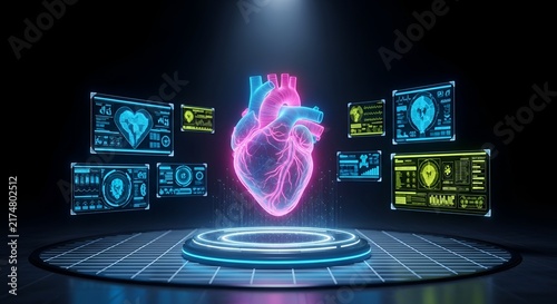 Futuristic Heart hologram with digital medical interface