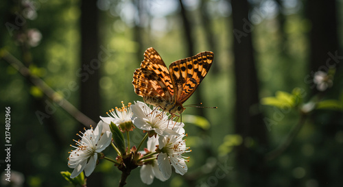 Butterfly resting on white flowers in a lush forest  