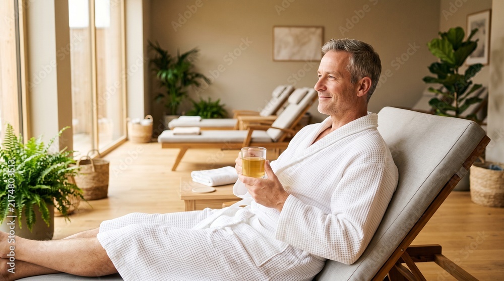 Fototapeta premium Relaxed man in white bathrobe sitting on lounge chair holding cup of herbal tea at luxury spa, conveying peaceful wellness retreat