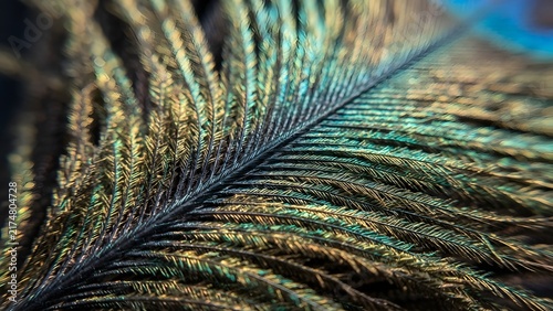 Extreme close-up of a peacock feather with iridescent blue and green hues