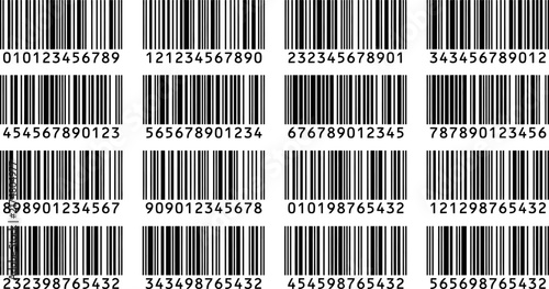 Collection of sixteen unique black and white barcode labels with numerical sequences isolated on plain white background with barcode designs