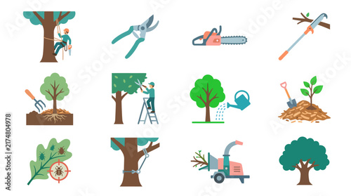 Tree pruning and gardening tools icons.