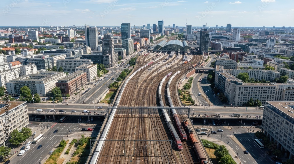 Fototapeta premium Aerial view of a major city train station with multiple tracks and trains arriving in an urban landscape